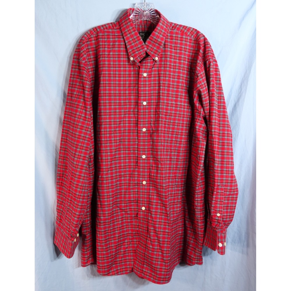 JOS A BANK Red Plaid Button-Up Shirt TRAVELER'S COLLECTION All Cotton Oxford L
